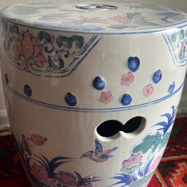 Late 20th Century Garden Stool Chinoiserie Pastel Ceramic Pink Lotus For Sale - Image 10 of 10