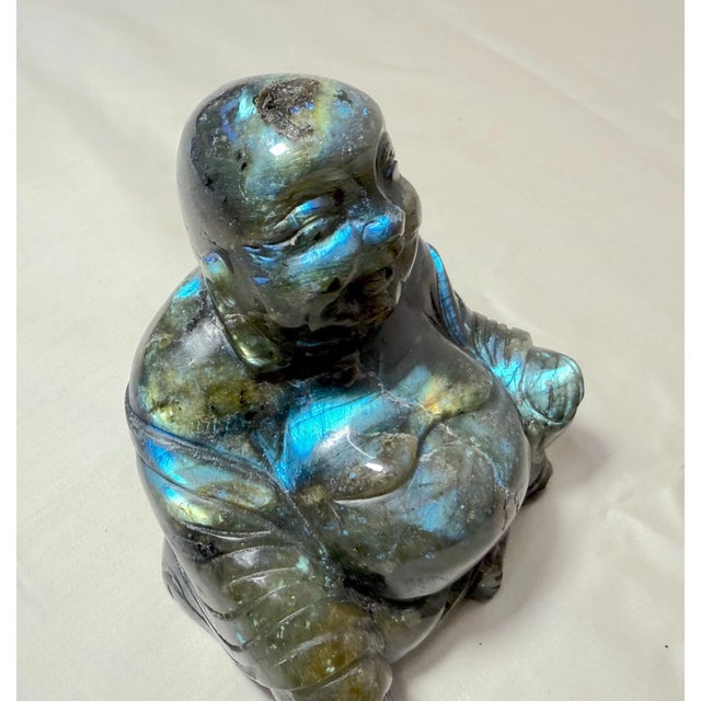 1970s Vintage Hand Carved Natural Labradorite Crystal Stone Buddha Sculpture Statue For Sale - Image 5 of 15