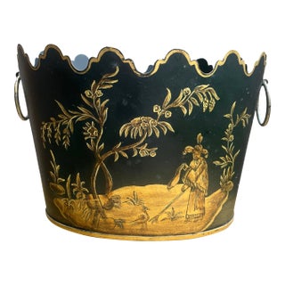 French Black and Gold Monteith Form Tole Cachepot For Sale