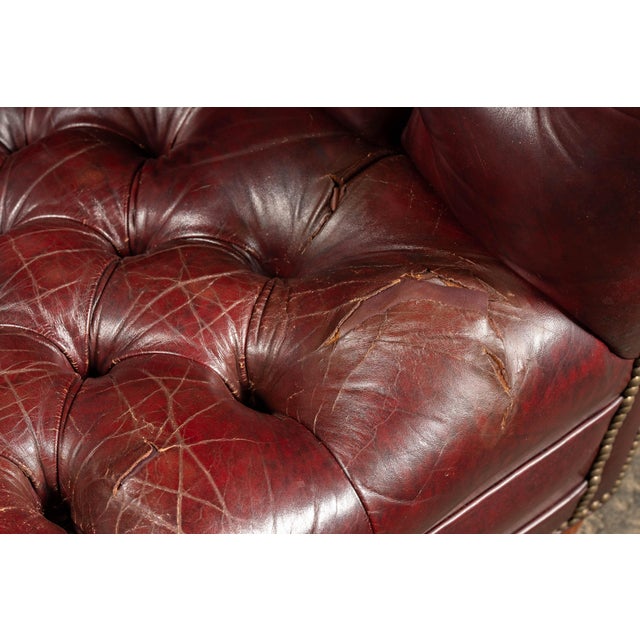 Animal Skin Vintage Tufted Leather Chesterfield Sofa in Burgundy For Sale - Image 7 of 11