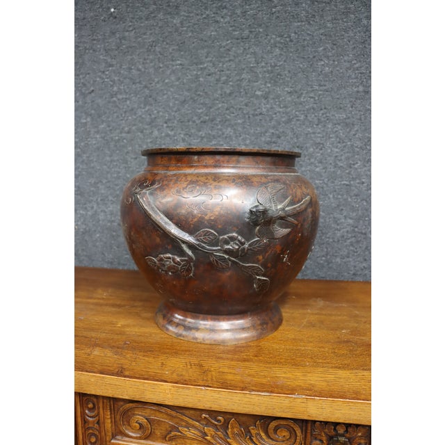 Japanese Bronze Jardinière With Bird and Floral Relief For Sale - Image 11 of 11