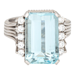 Mid 20th Century 7.28ct Aquamarine Diamond Ring Estate Sz 6.25 Fine Cocktail Jewelry Emerald Cut
