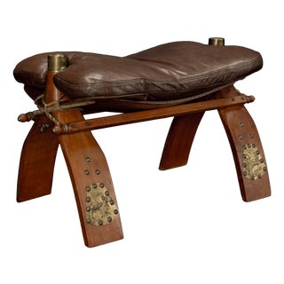 Moroccan Camel Saddle Stool in Stained Wood with Brass and Leather, 1980s For Sale