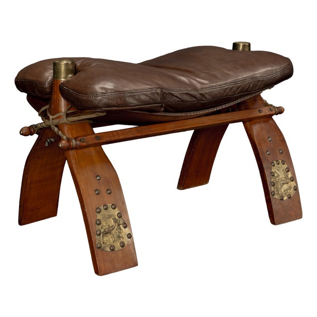 Moroccan Camel Saddle Stool in Stained Wood with Brass and Leather, 1980s For Sale
