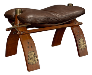 Moroccan Camel Saddle Stool in Stained Wood with Brass and Leather, 1980s