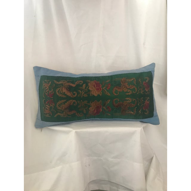 Art Nouveau Jade Silk Asian Embroidered Floral Butterfly Pillow For Sale - Image 3 of 9