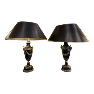 Empire Style Lamps in Black Marble and Gilt Bronze, 1930s, Set of 2 For Sale