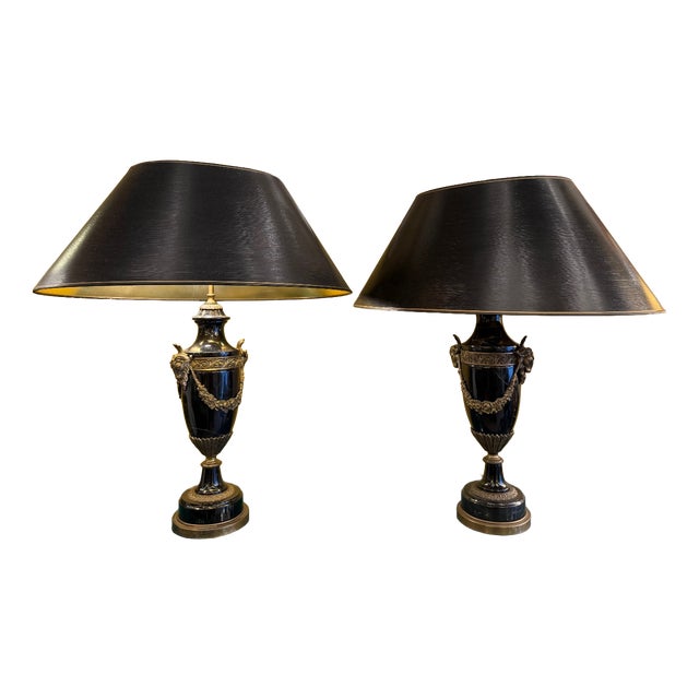 Empire Style Lamps in Black Marble and Gilt Bronze, 1930s, Set of 2 For Sale