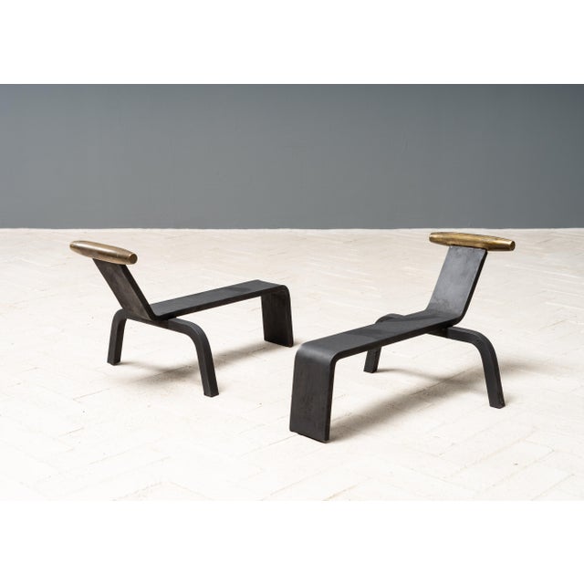 USA, ca. 1940s or 1950s. A fabulous and monumental pair of modernist andirons occasionally attributed to the American...