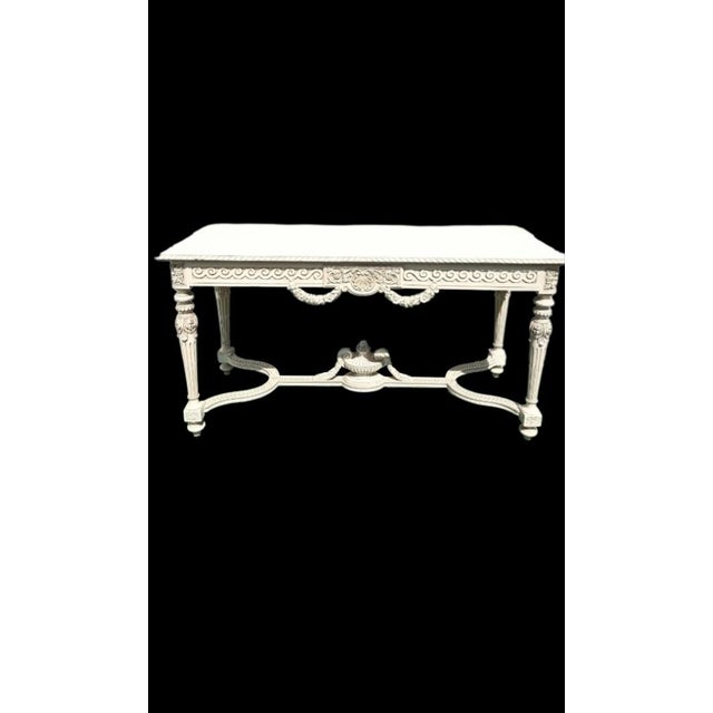 Theodore Alexander Vintage Off White Carved Urn Rose Louis Xvi, French Style Coastal Large Console Table For Sale - Image 4 of 12