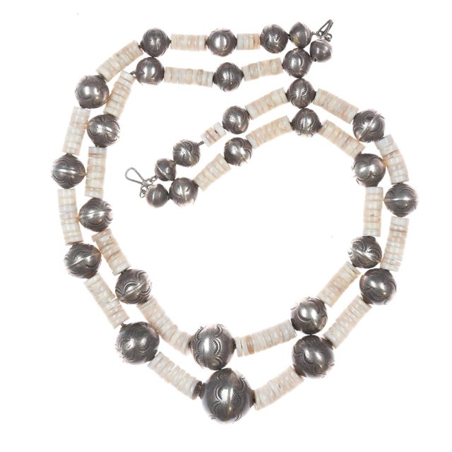 Native American Vintage 32" Silver Navajo pearl heishi necklace or double choker For Sale - Image 3 of 8
