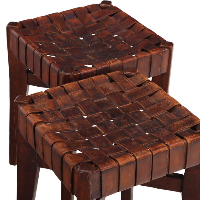 Wood Pair of French Oak Stools With Woven Leather Strap Seats, C 1925 For Sale - Image 7 of 7