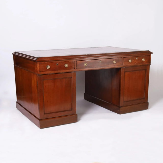 British Colonial Leather Top Partners Desk For Sale - Image 4 of 10