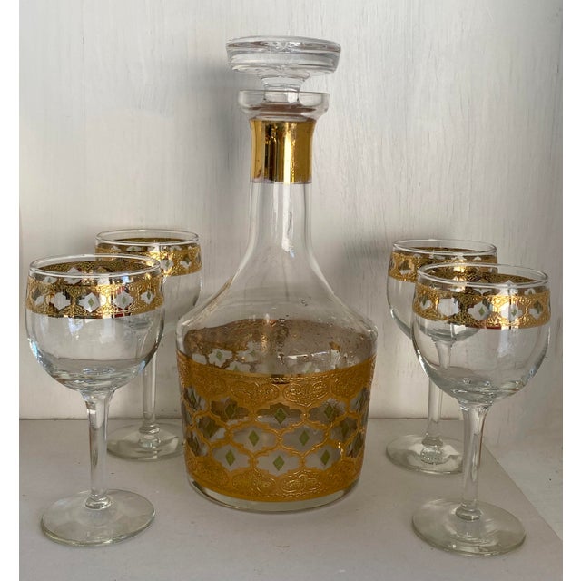 Mid Century Century Culver Valencia Decanter and Wine Glasses Set of