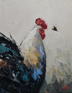 Rooster and Bumble Bee Oil Panting by Vivek Mandalia