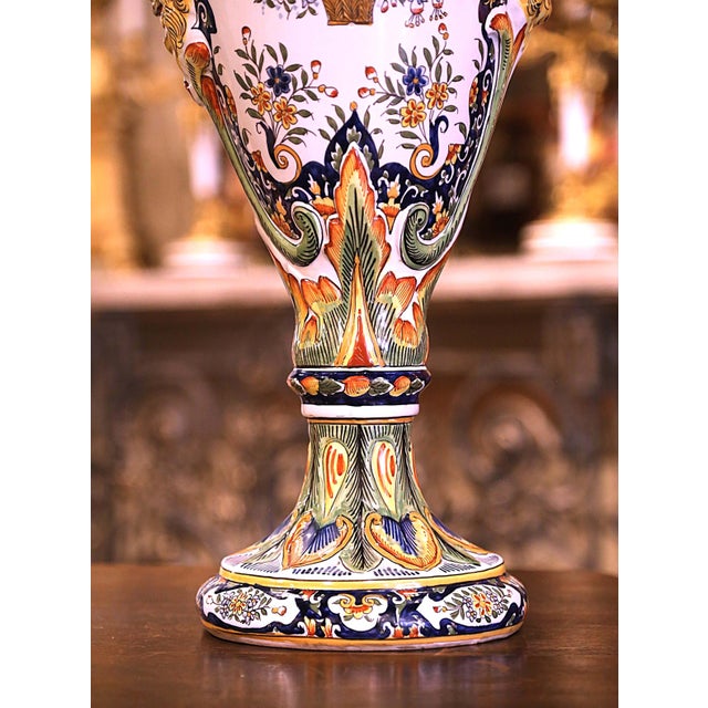 French Pair of Early 20th Century French Hand Painted Faience Vases From Rouen For Sale - Image 3 of 8