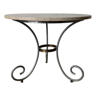 Italian Hollywood Regency Maison Jansen–Style Chrome & Brass Accent Table With Travertine Marble Top For Sale