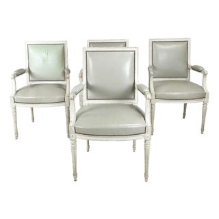 Vintage Set of 4 Louis XVI Painted Fauteuils in Dove Grey Leather For Sale