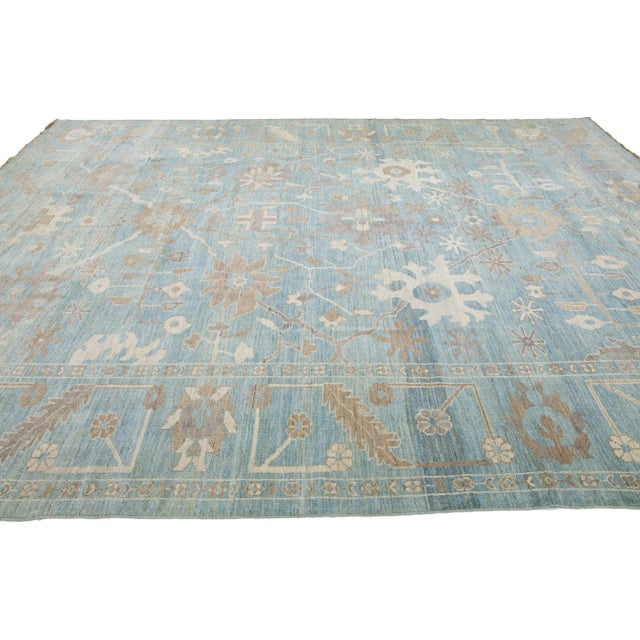 Modern Mid 20th Century Modern Persian Sultanabad Blue Handmade Floral Wool Rug For Sale - Image 3 of 11