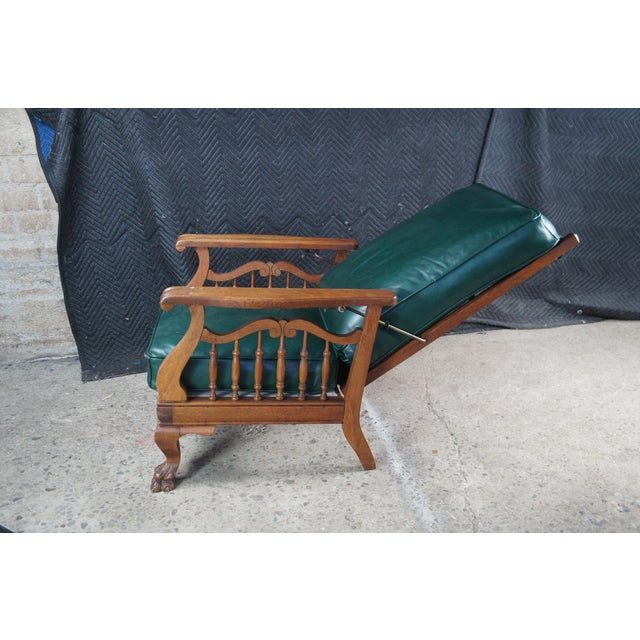 Late 19th Century Antique Victorian Quartersawn Oak Vinyl Reclining Morris Arm Chair Lion Paw Feet For Sale - Image 5 of 14