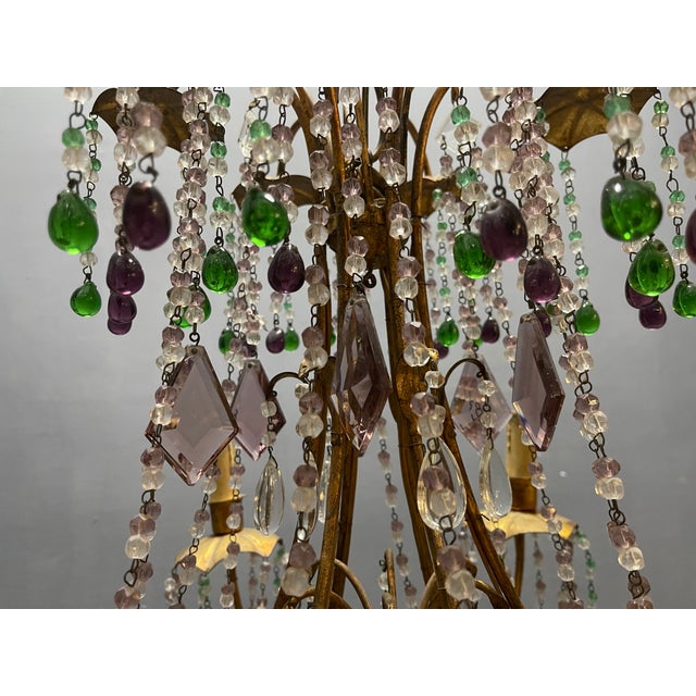 Italian Florentine Tole Gilt Murano Glass Beaded 6-Light Chandelier, 1950s For Sale - Image 10 of 17
