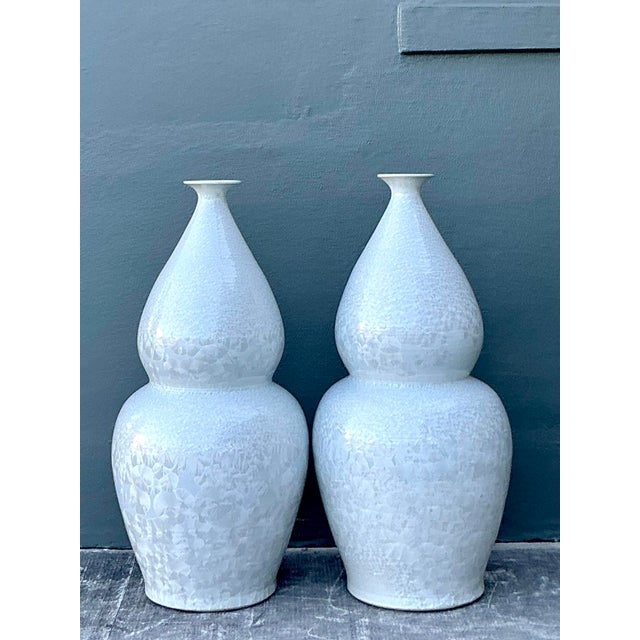 White Vintage Regency Monumental Crystal Glazed Ceramic Gourd Floor Vase - A Pair For Sale - Image 8 of 11