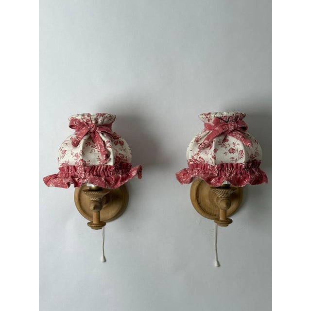 Swedish Pinewood Wall Lamps with Floral Textile Shades, 1970s, Set of 2 For Sale - Image 4 of 18