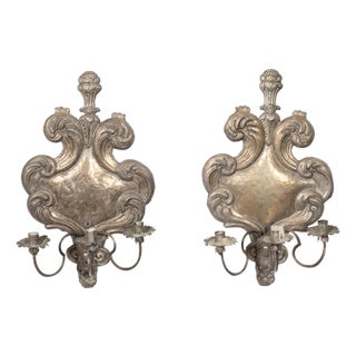 Pair of 19th Century Italian Rococo Style Tin Candle Sconces with Feather Motifs For Sale