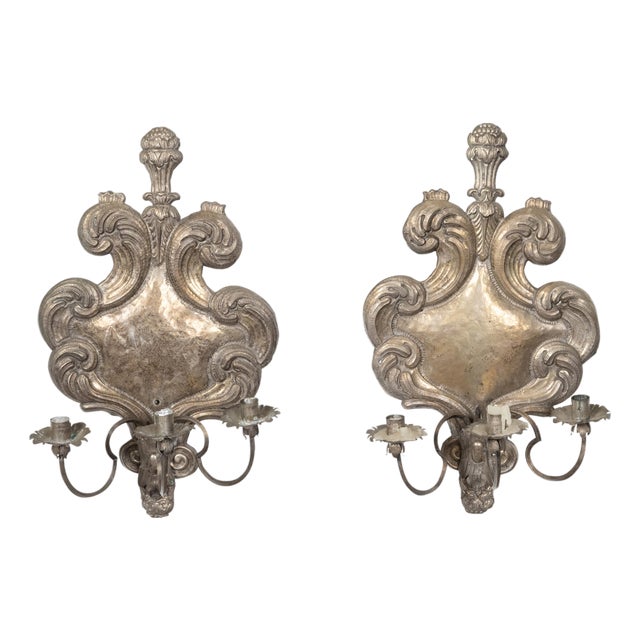 Pair of 19th Century Italian Rococo Style Tin Candle Sconces with Feather Motifs For Sale