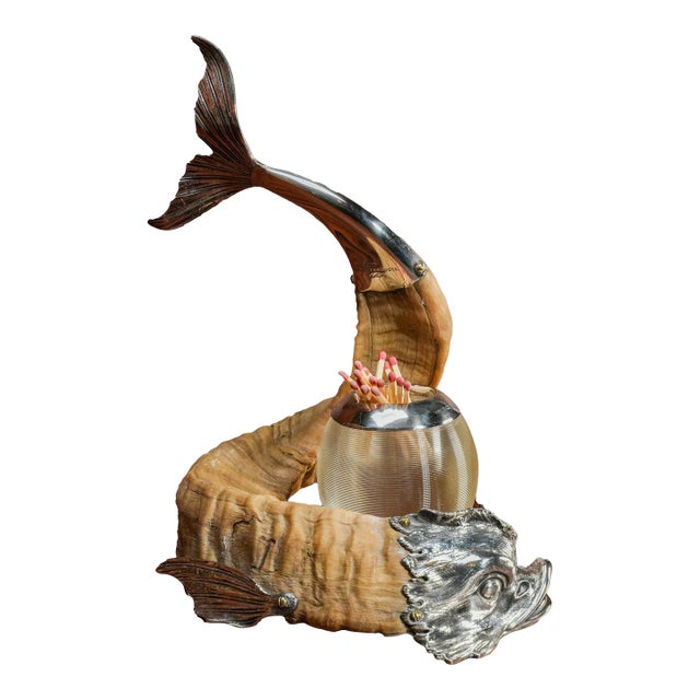 Exceptional Antique Victorian Sterling Silver Dolphin Sculpture Ram Match Striker Holder For Sale