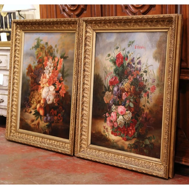 Gold 19th Century French Still Life Flower Paintings in Gilt Frames - a Pair For Sale - Image 8 of 10
