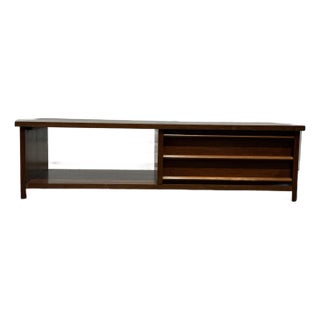 Mid-Century Modern Walnut Low Coffee Table/Media Console With Sliding Doors For Sale
