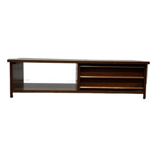 Mid-Century Modern Walnut Low Media Console With Sliding Doors For Sale