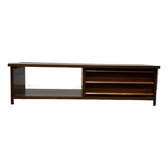 Mid-Century Modern Walnut Low Media Console With Sliding Doors For Sale
