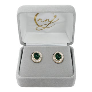 Emerald Stud Earrings W Earth Mined Diamonds in Solid 14k Yellow Gold Oval - 2 Pieces For Sale