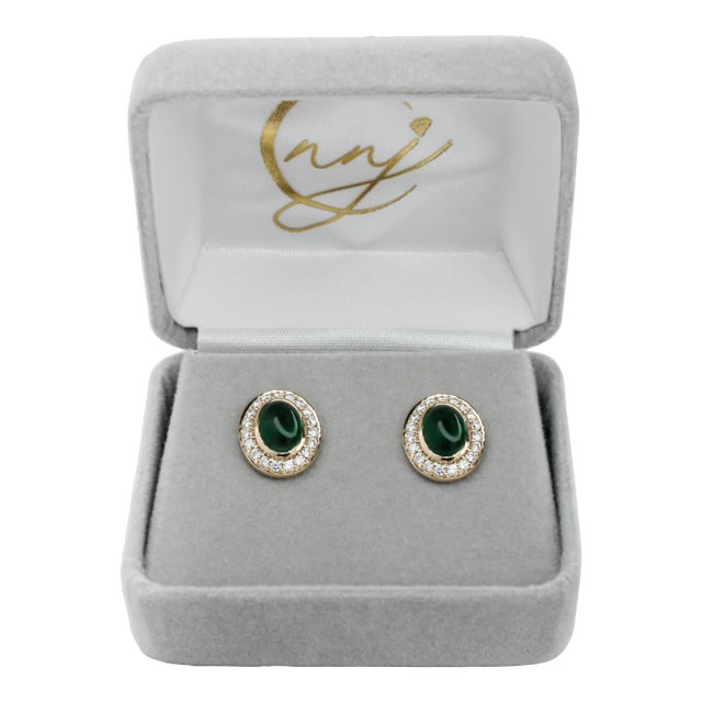 Emerald Stud Earrings W Earth Mined Diamonds in Solid 14k Yellow Gold Oval - 2 Pieces For Sale