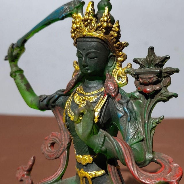 1940s Green Bodhisattva (Tara) Figurine Seated on Lotus Throne — Green & Gold Robes, Red Sashes For Sale - Image 4 of 9