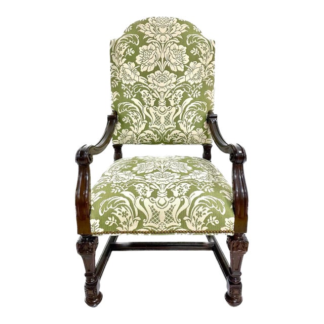 Vintage Carved & Green Floral Damask Armchair For Sale