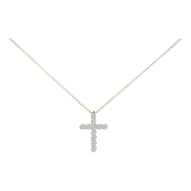 14K Yellow Gold 1/2 Cttw Lab Grown Diamond 11 Stone Cross Pendant Necklace For Sale