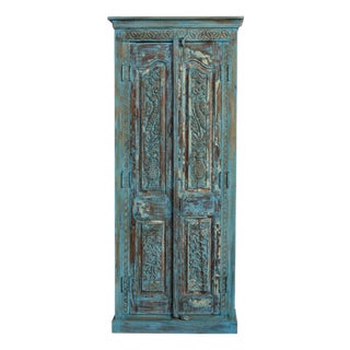 Antique Hand-Carved Blue Armoire With Floral Motifs & Brass Stud Detailing 83x38 For Sale