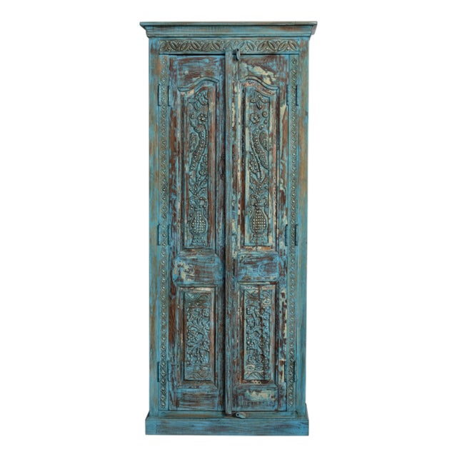 Antique Hand-Carved Blue Armoire With Floral Motifs & Brass Stud Detailing 83x38 For Sale
