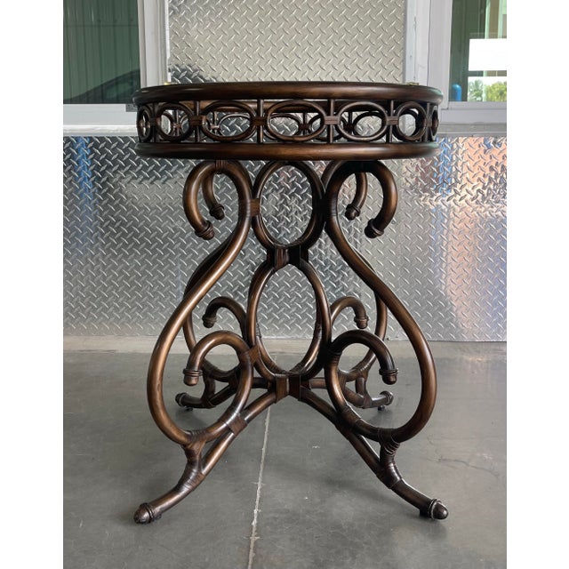 Vintage Lexington Tommy Bahama Landara Leather Wrapped Metal Bistro Table W/ 42” Glass Top For Sale In Naples, FL - Image 6 of 8