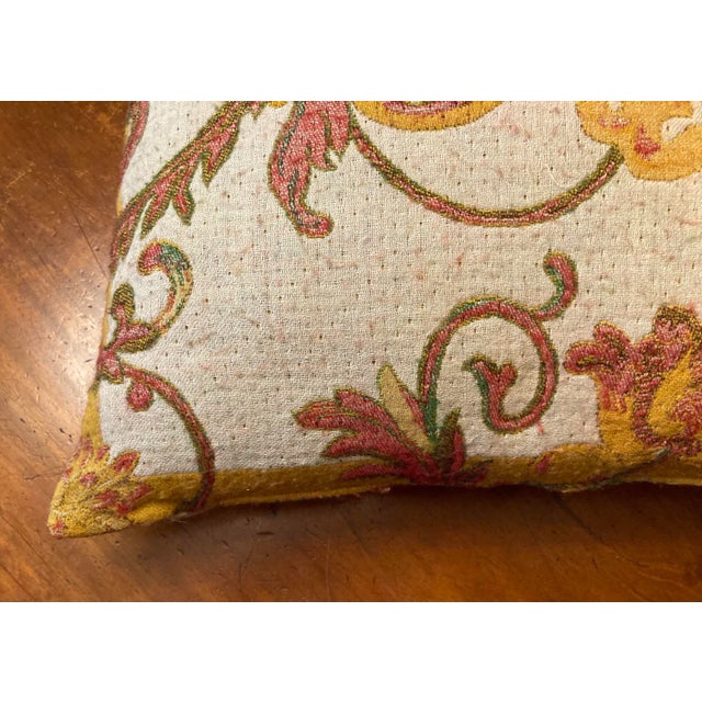 2000s Woven Wool Challis Botanical Pattern Oversized Accent Pillow Cream Background on One Side, Reverses to Olive Background For Sale - Image 9 of 10