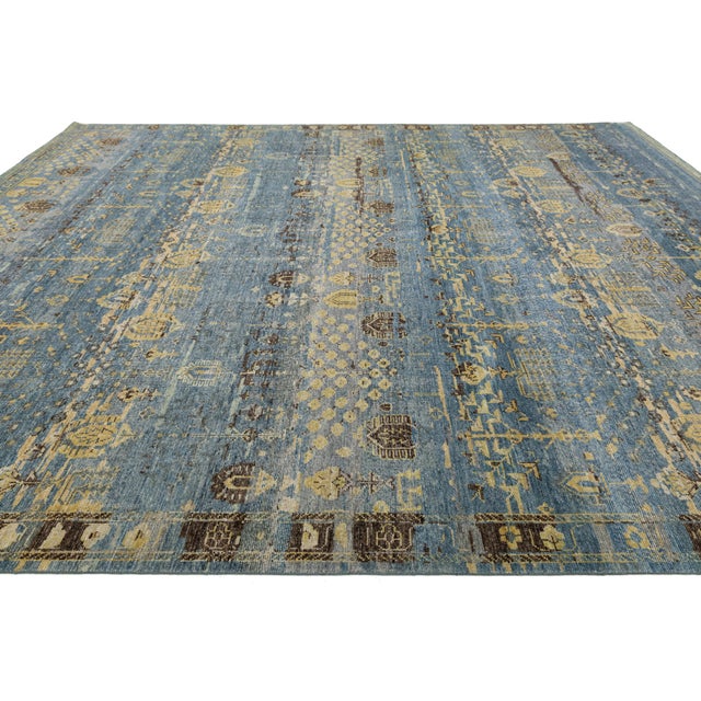 Textile Modern Transitional Khotan Style Blue Wool Area Rug 12x15 For Sale - Image 7 of 11