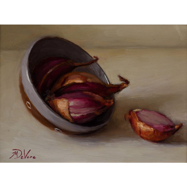 Spilled Shallots by Michael DeVore | Oil on panel Still life of shallots in a bowl For Sale