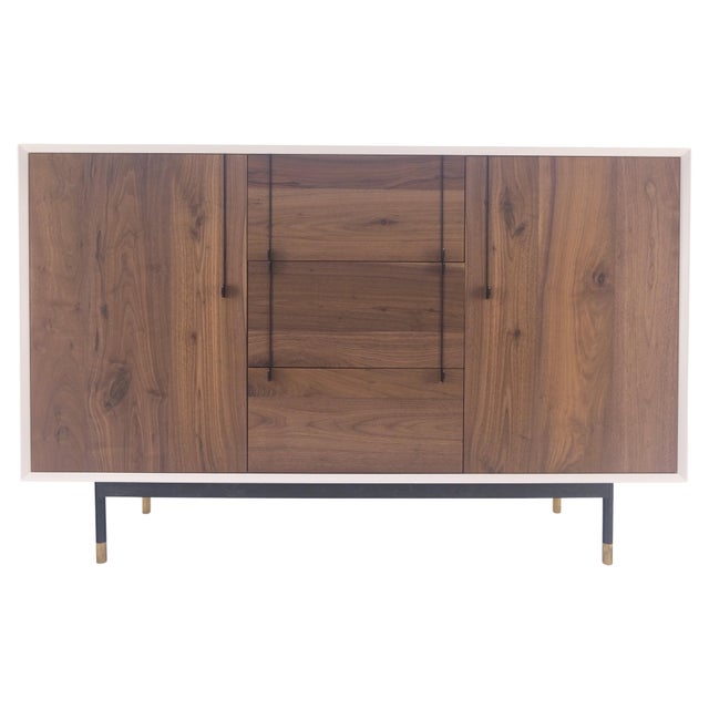 White Lacquer & Walnut 3 Drawer Two Compartments Credenza Mid Century MINT