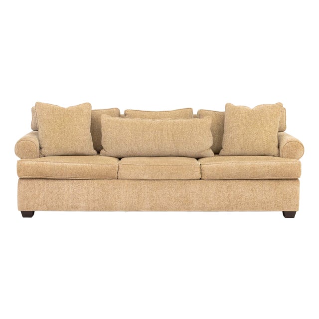 Modern Beige Chenille Upholstered Three-Seat Sofa For Sale