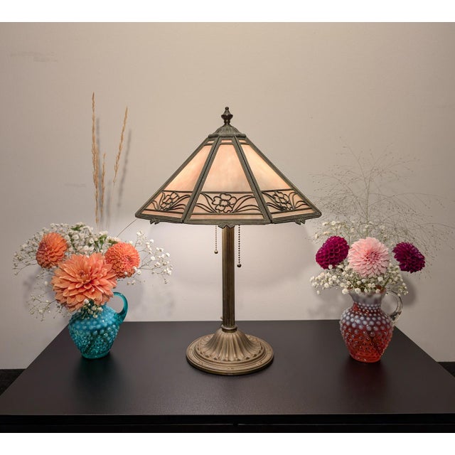 1910s Bradley & Hubbard Signed Pink Slag Glass Lamp For Sale - Image 10 of 16