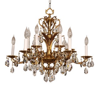 Huge French Vintage Dore Brass 6 Arm 12 Lite Glistening Lead Crystal Chandelier For Sale