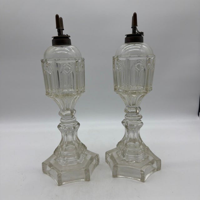 1850s Gothic Arch Pressed-Glass Oil Lamps, Attributed to Boston & Sandwich, - Pair For Sale - Image 12 of 18
